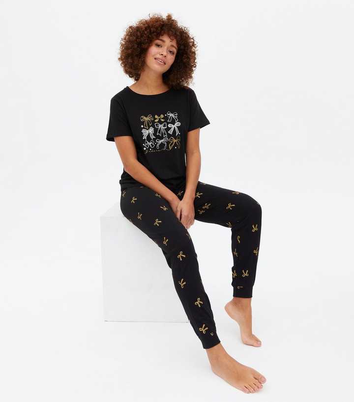 Black Jogger Pyjama Set with Glitter Bow Print