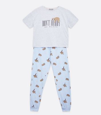 Pale Grey Dont Hurry Sloth Logo T-Shirt and Jogger Pyjama Set | New Look