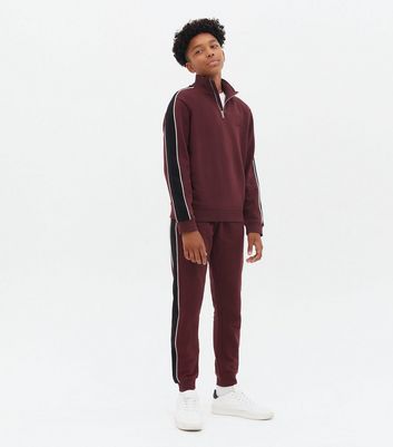 Boys Burgundy Colour Block Piped Zip High Neck Sweatshirt New Look