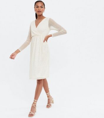 White Spot Mesh Long Sleeve Wrap Dress 