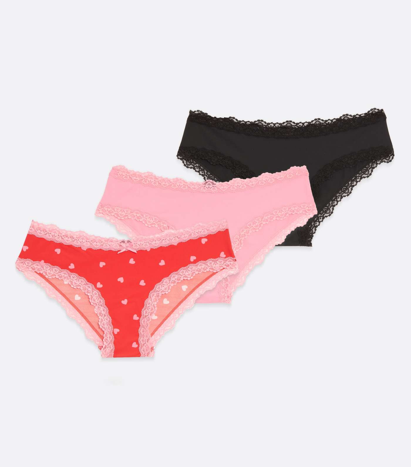 3 Pack Pink Red and Black Heart Lace Trim Brazilian Briefs Image 5