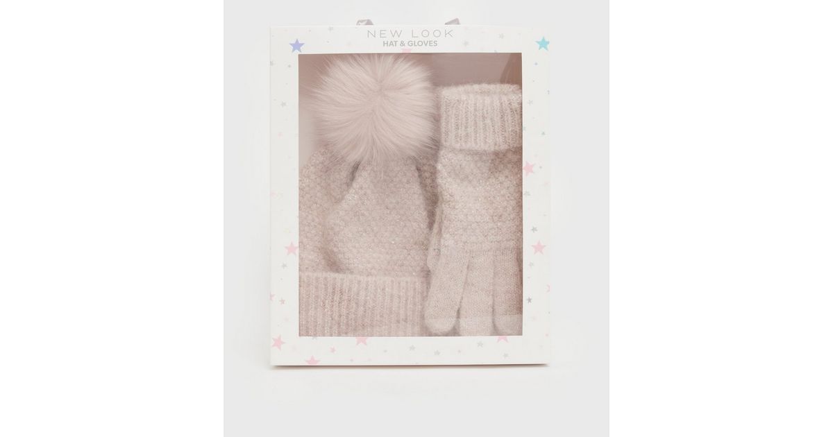 2 Pack Cream Glitter Bobble Hat and Gloves Set New Look