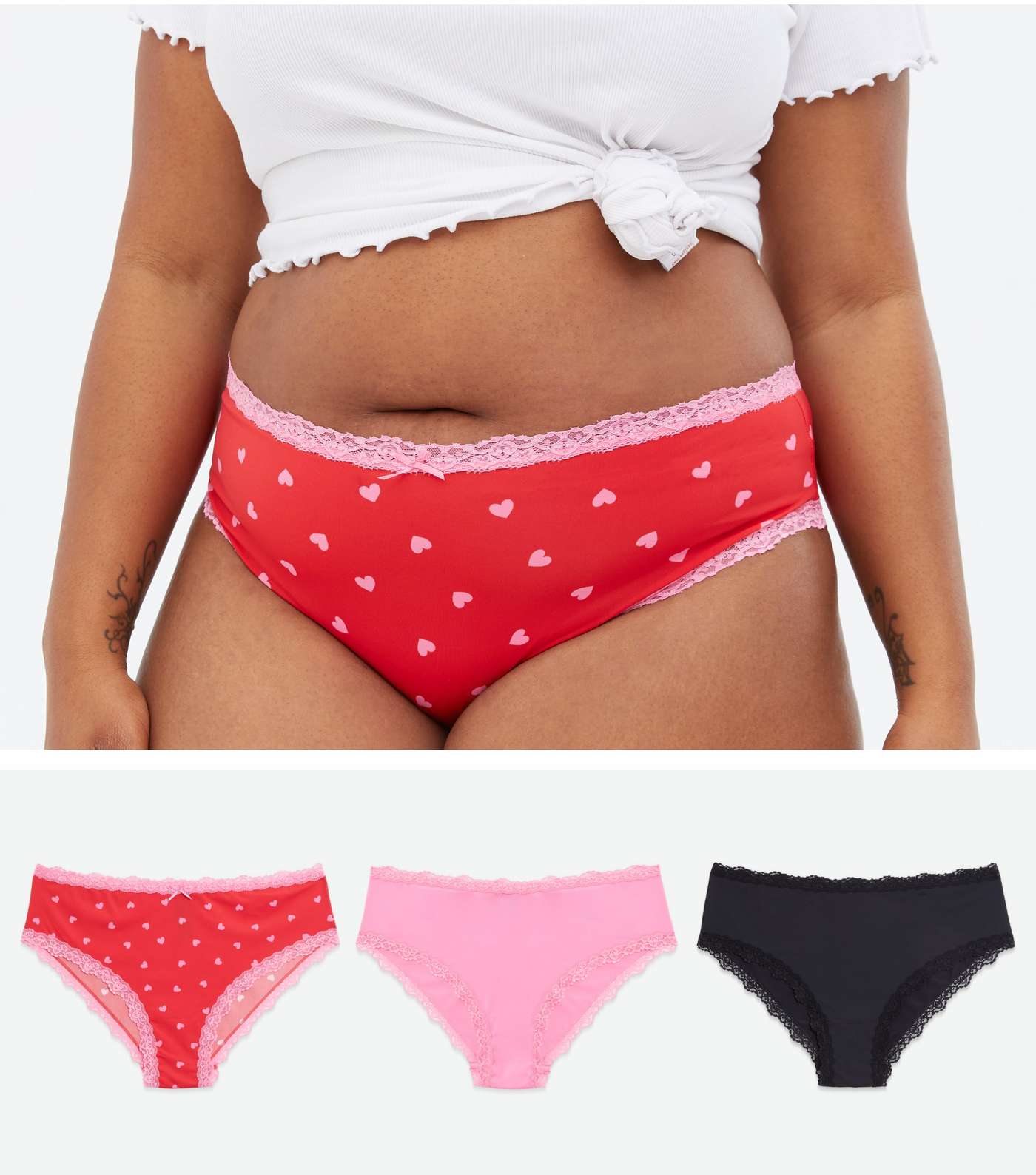 Curves 3 Pack Red Pink Black Heart Brazilian Briefs