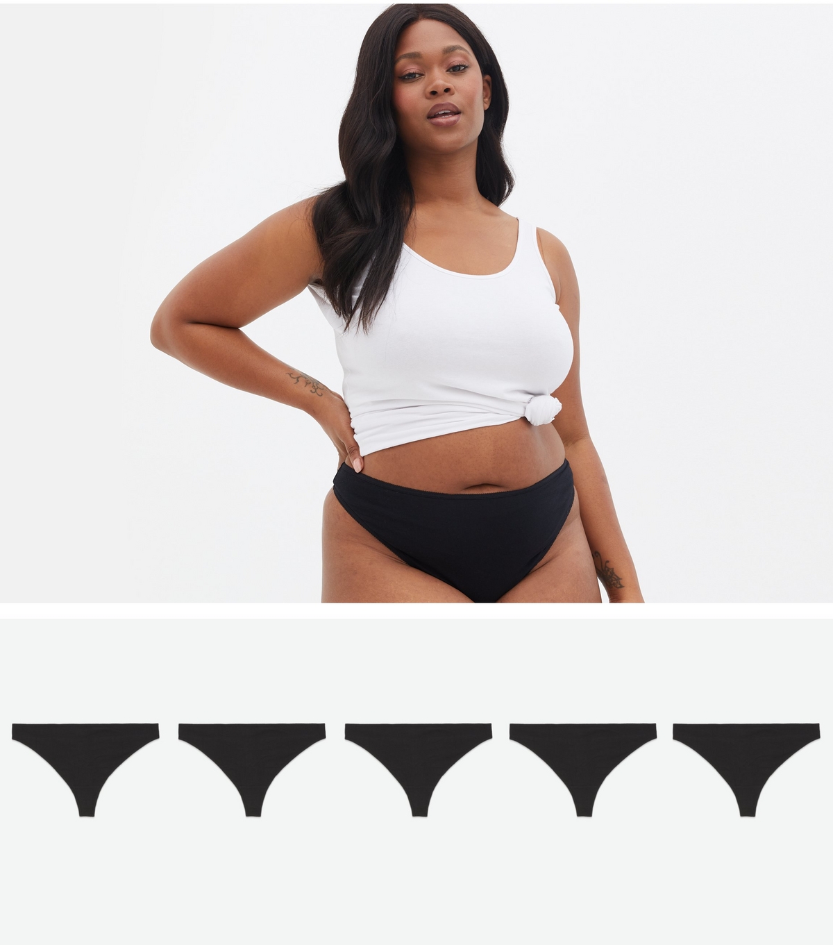 Women's Plus Size 5 Pack Black Cotton Blend Thongs Curves New Look
