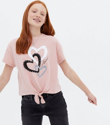 Girls Pink Heart Amour Tie Front Logo T 