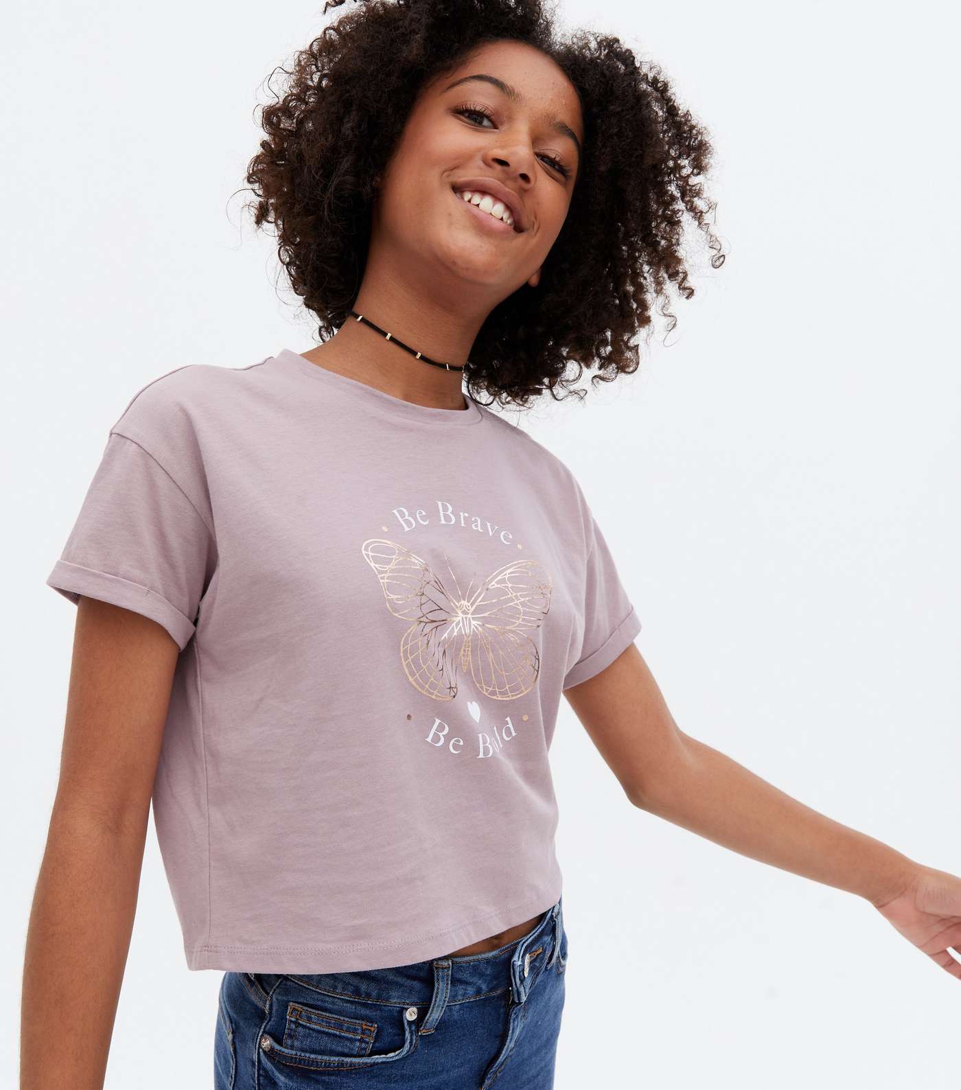 Girls Lilac Butterfly Metallic Be Brave Logo T-Shirt Image 3