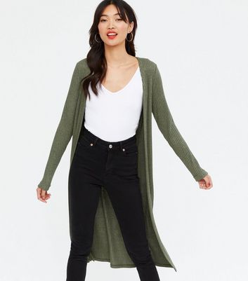 Khaki Ribbed Fine Knit Split Hem Midi Cardigan New Look