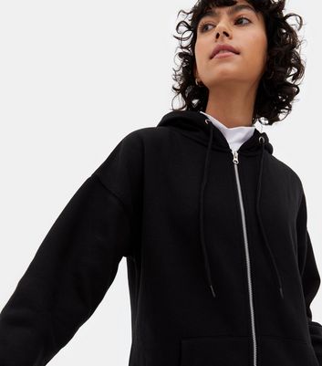 Black Jersey Zip Hoodie New Look