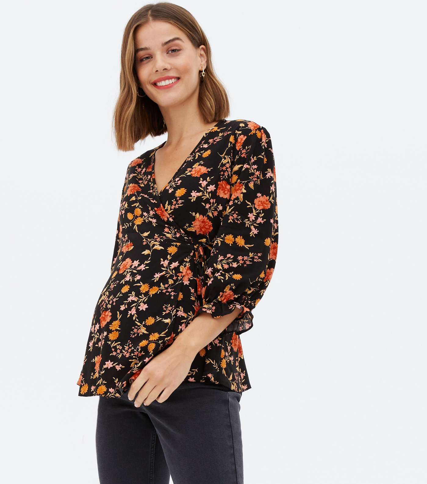 Maternity Black Floral Puff Sleeve Wrap Blouse