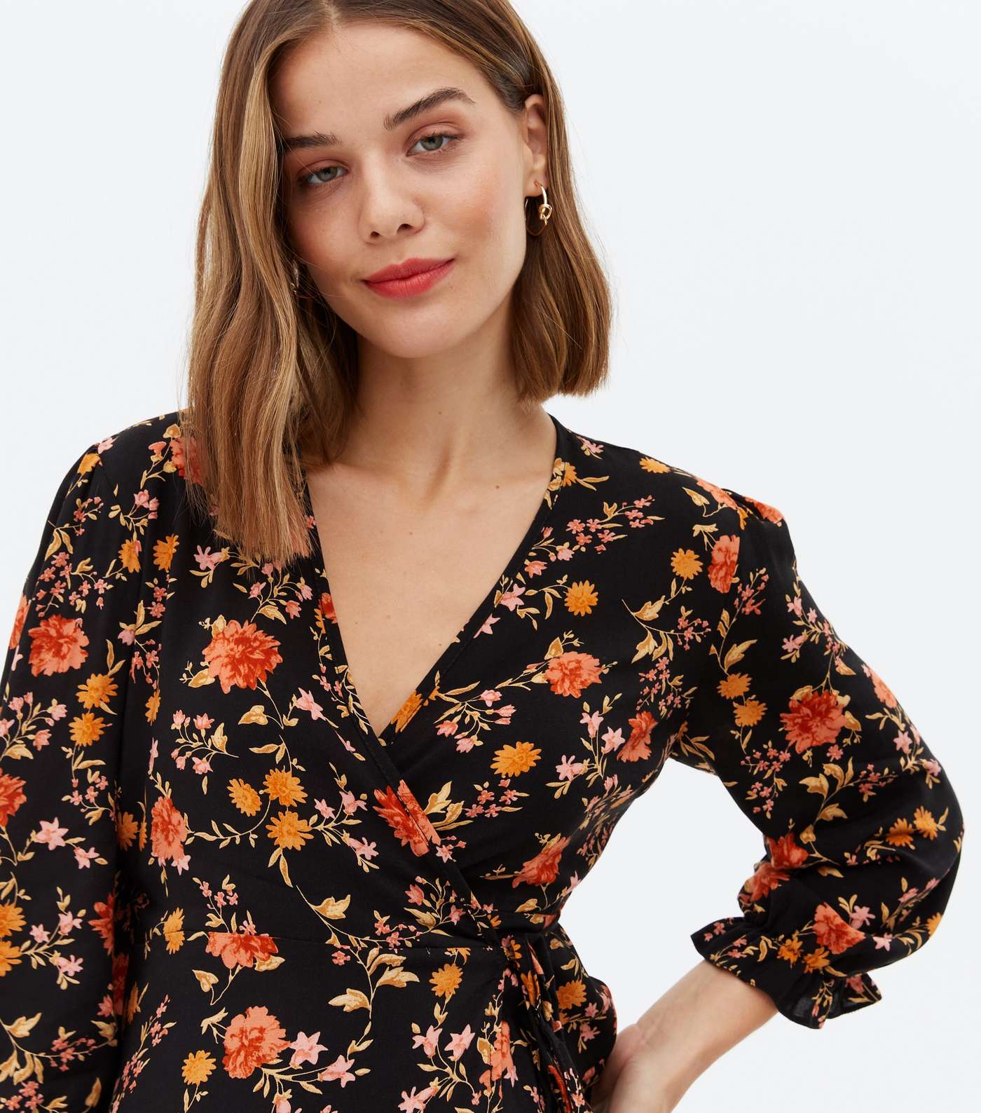 Maternity Black Floral Puff Sleeve Wrap Blouse Image 3