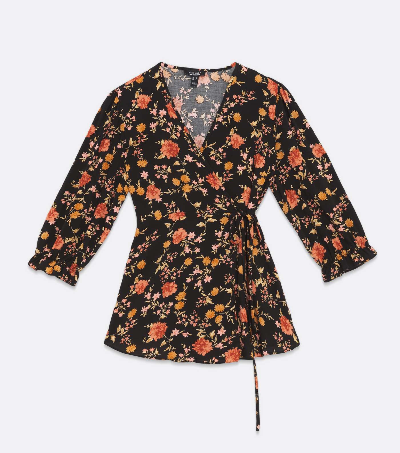 Maternity Black Floral Puff Sleeve Wrap Blouse Image 5