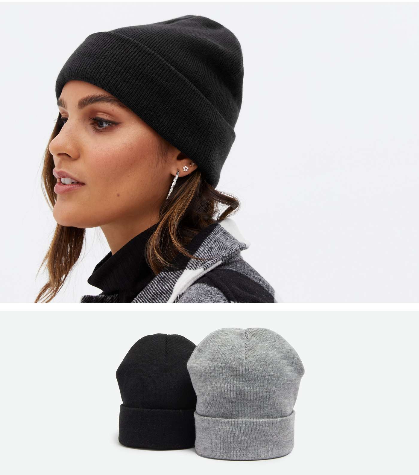 2 Pack Black and Grey Knit Beanies