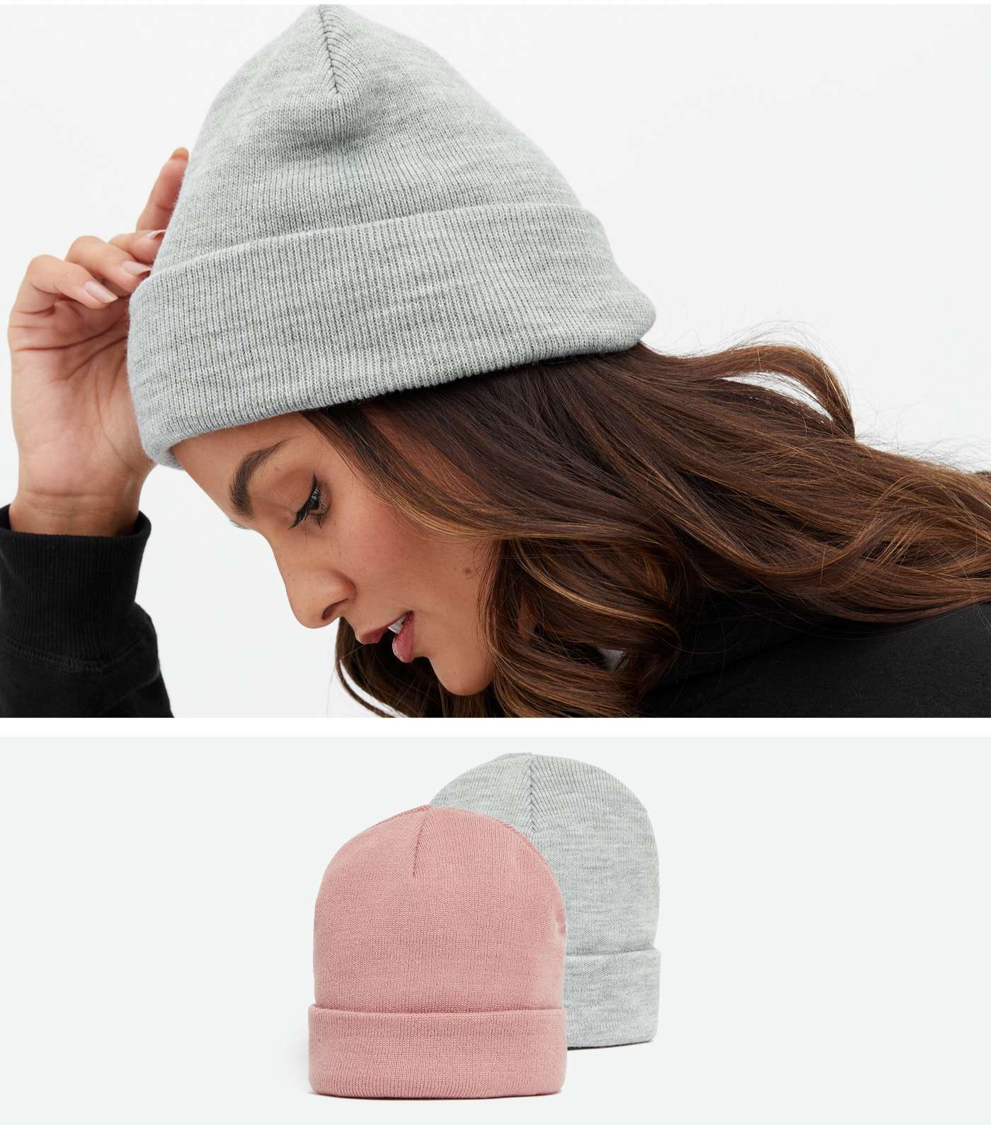 2 Pack Pink and Grey Knit Beanies
