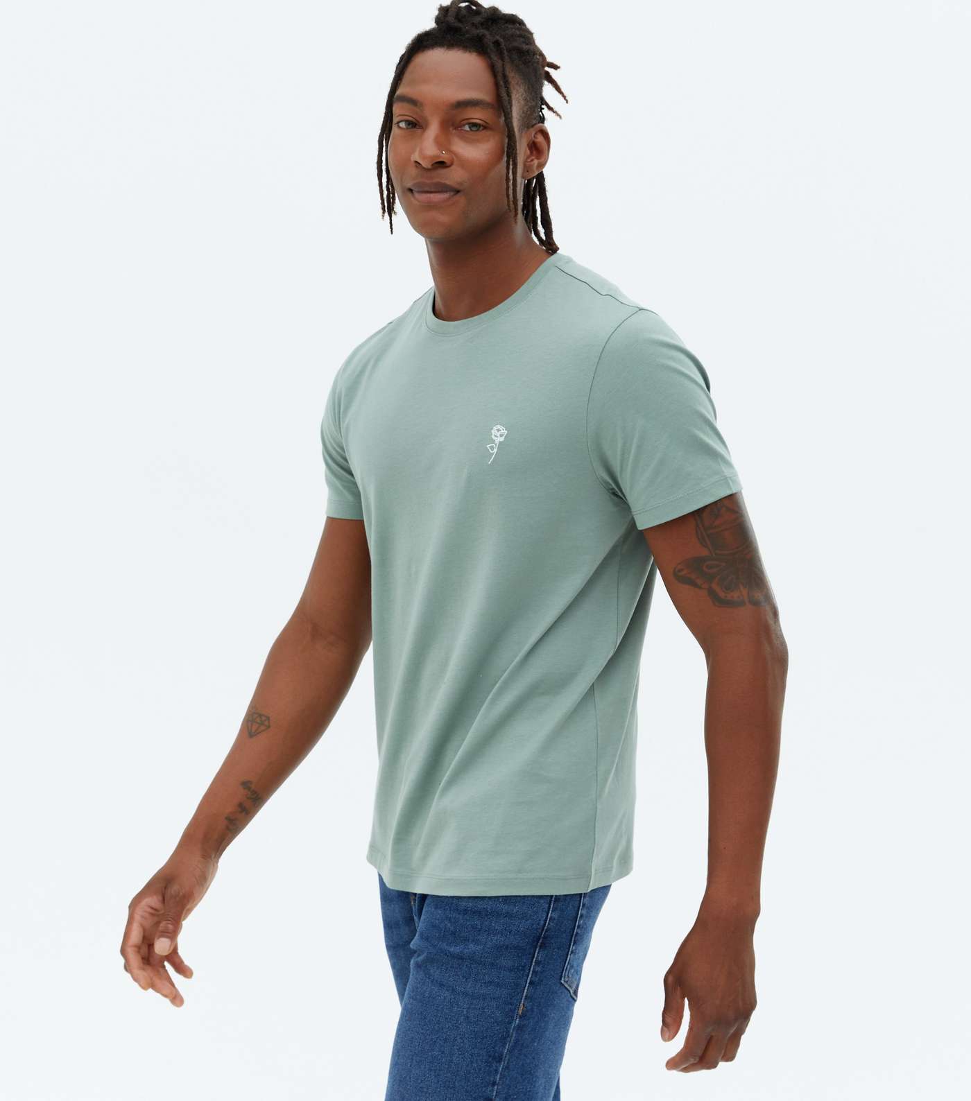 Light Green Rose Embroidered Crew Neck T-Shirt