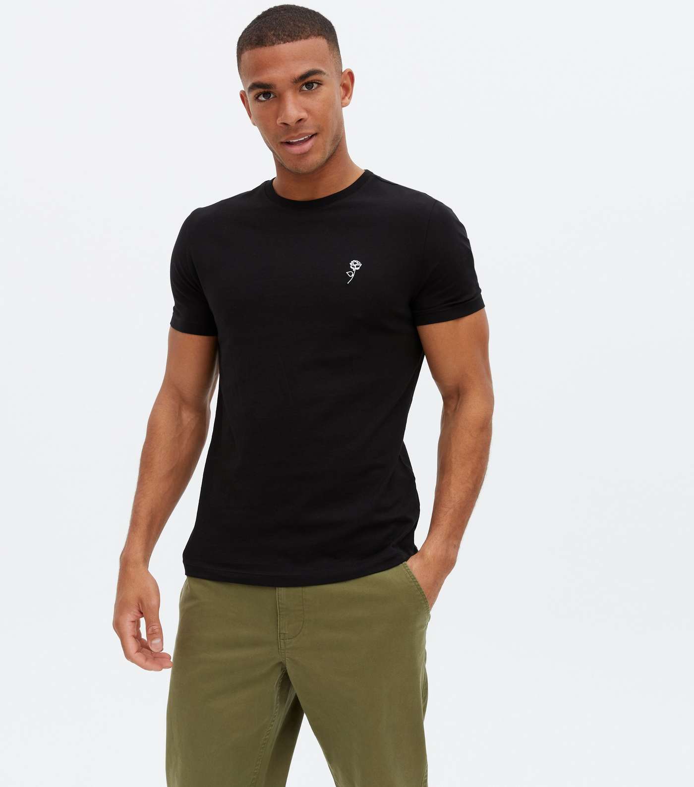 Black Rose Embroidered Muscle Fit T-Shirt Image 3