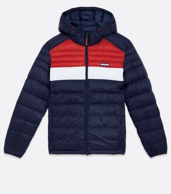 blue and red puffer jacket