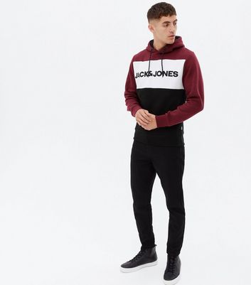 Jack Jones Burgundy Colour Block Logo Hoodie New Look