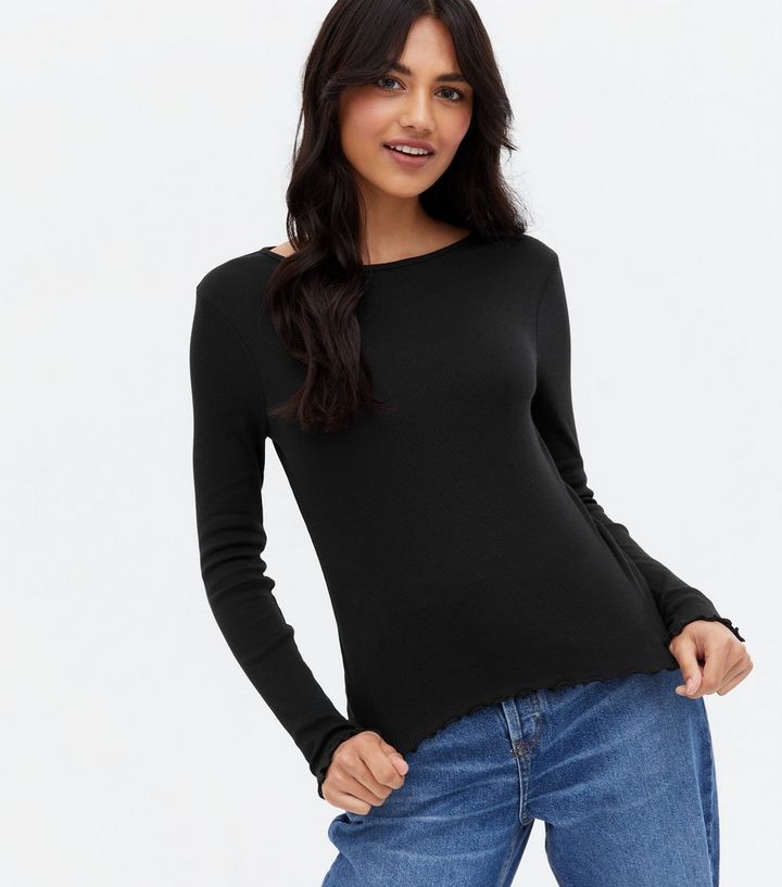 Title: Black Ribbed Frill Long Sleeve Top | New Look