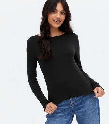 Black Ribbed Frill Long Sleeve Top 