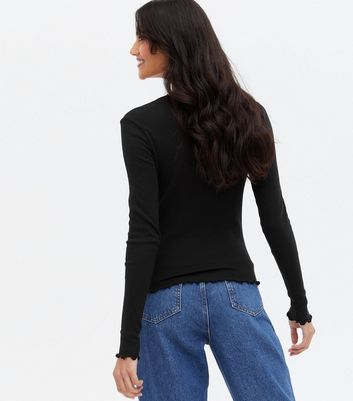 Black Ribbed Frill Long Sleeve Top | New Look