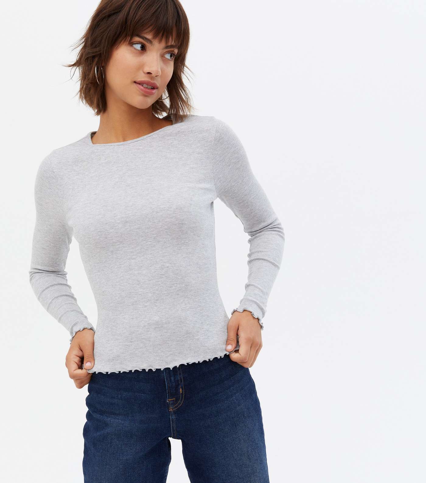 Pale Grey Ribbed Frill Long Sleeve Top Image 3