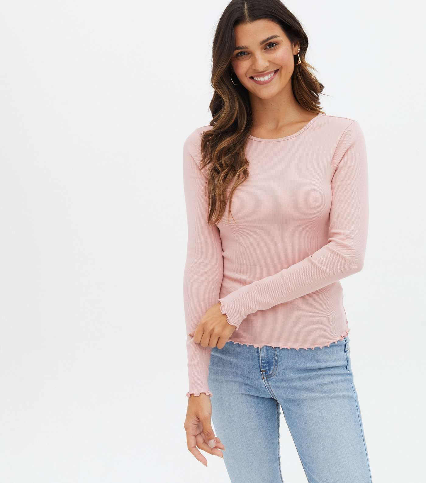 Pale Pink Ribbed Frill Long Sleeve Top