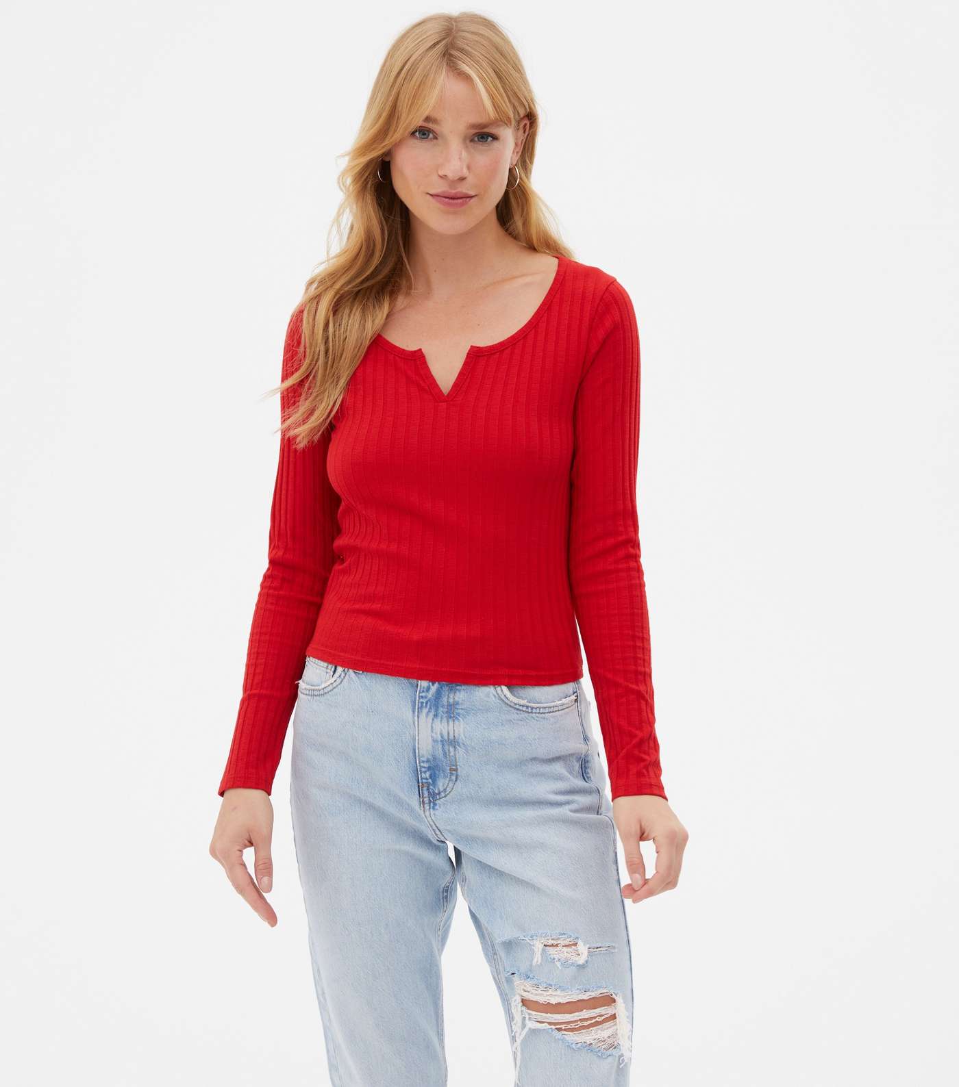 Red Ribbed Long Sleeve Notch Neck Top Image 2