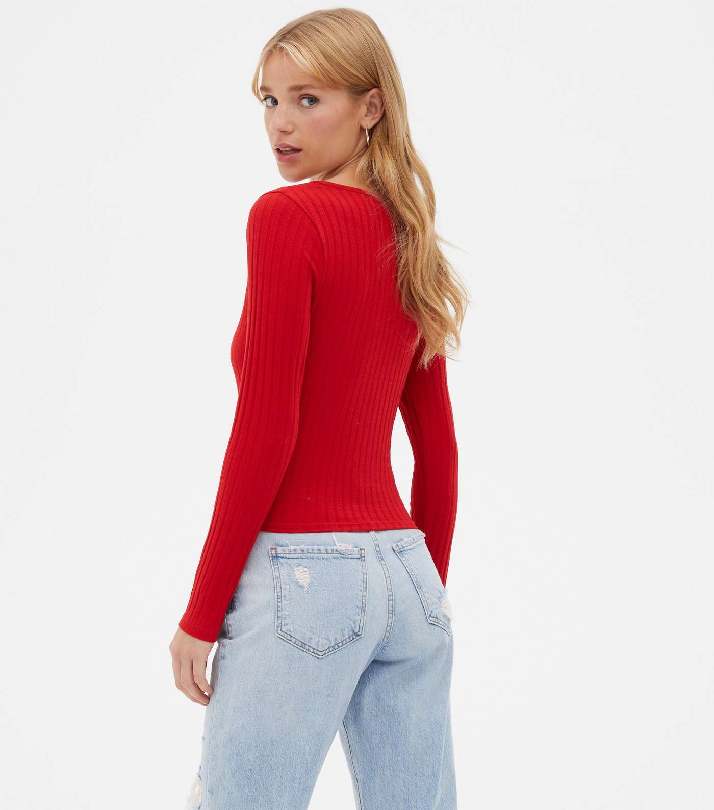 Red Ribbed Long Sleeve Notch Neck Top Image 4