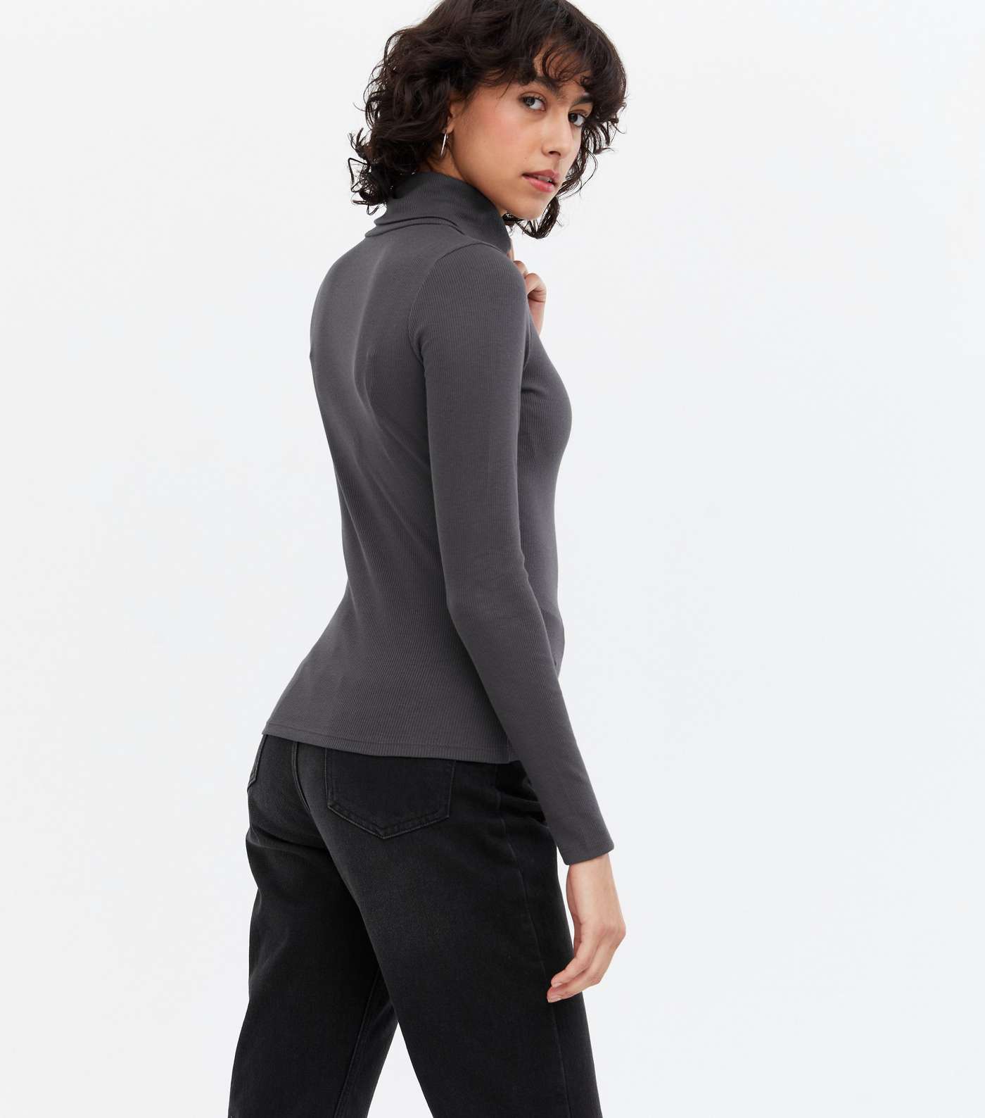 Grey Ribbed Long Sleeve Roll Neck Top Image 4