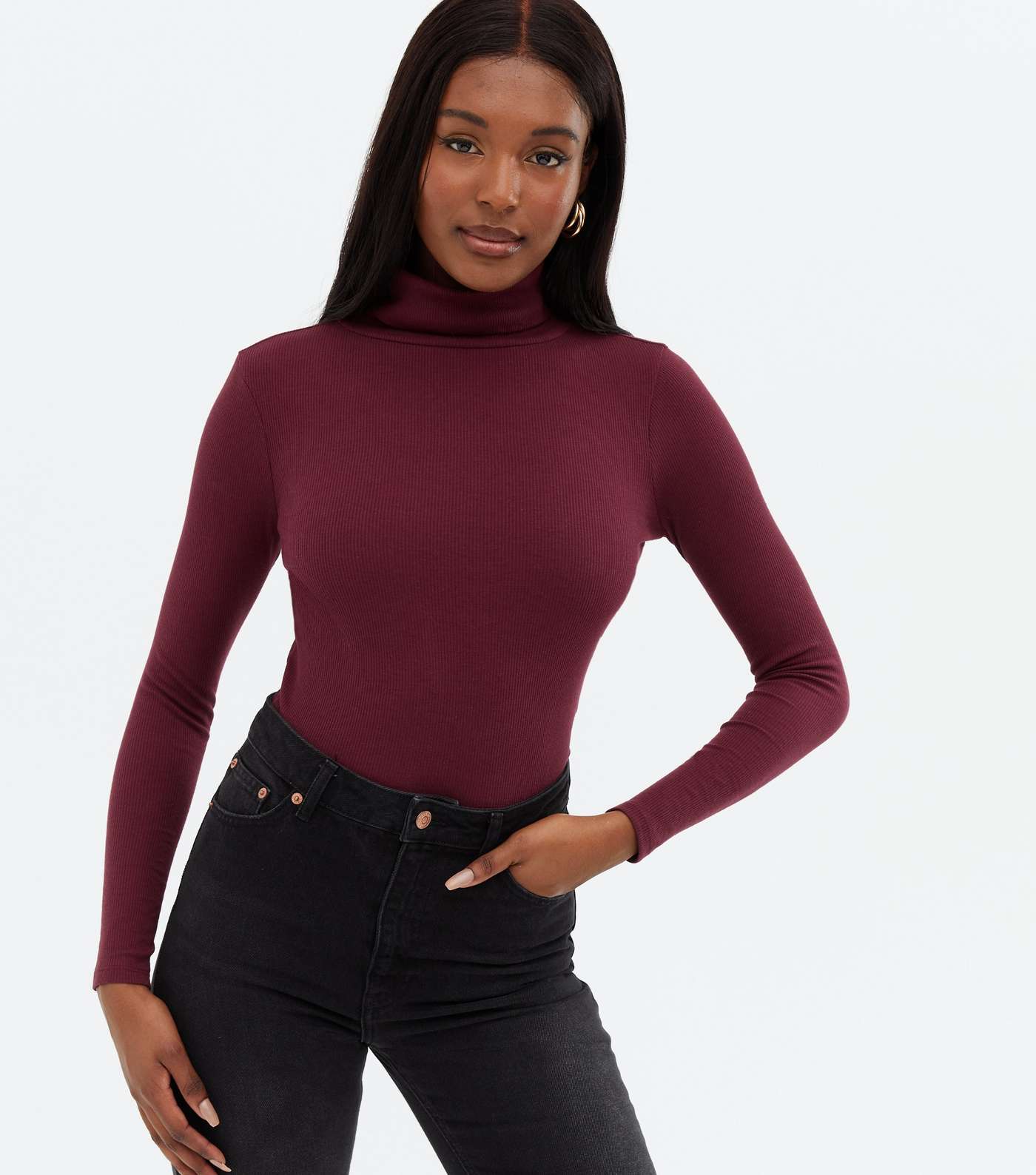 Burgundy Ribbed Long Sleeve Roll Neck Top