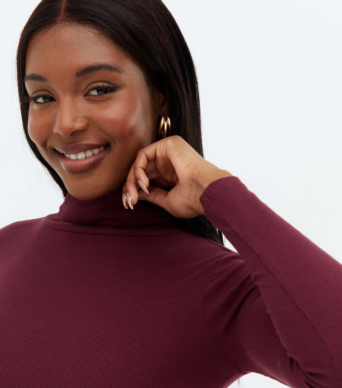 Burgundy Ribbed Long Sleeve Roll Neck Top Image 3