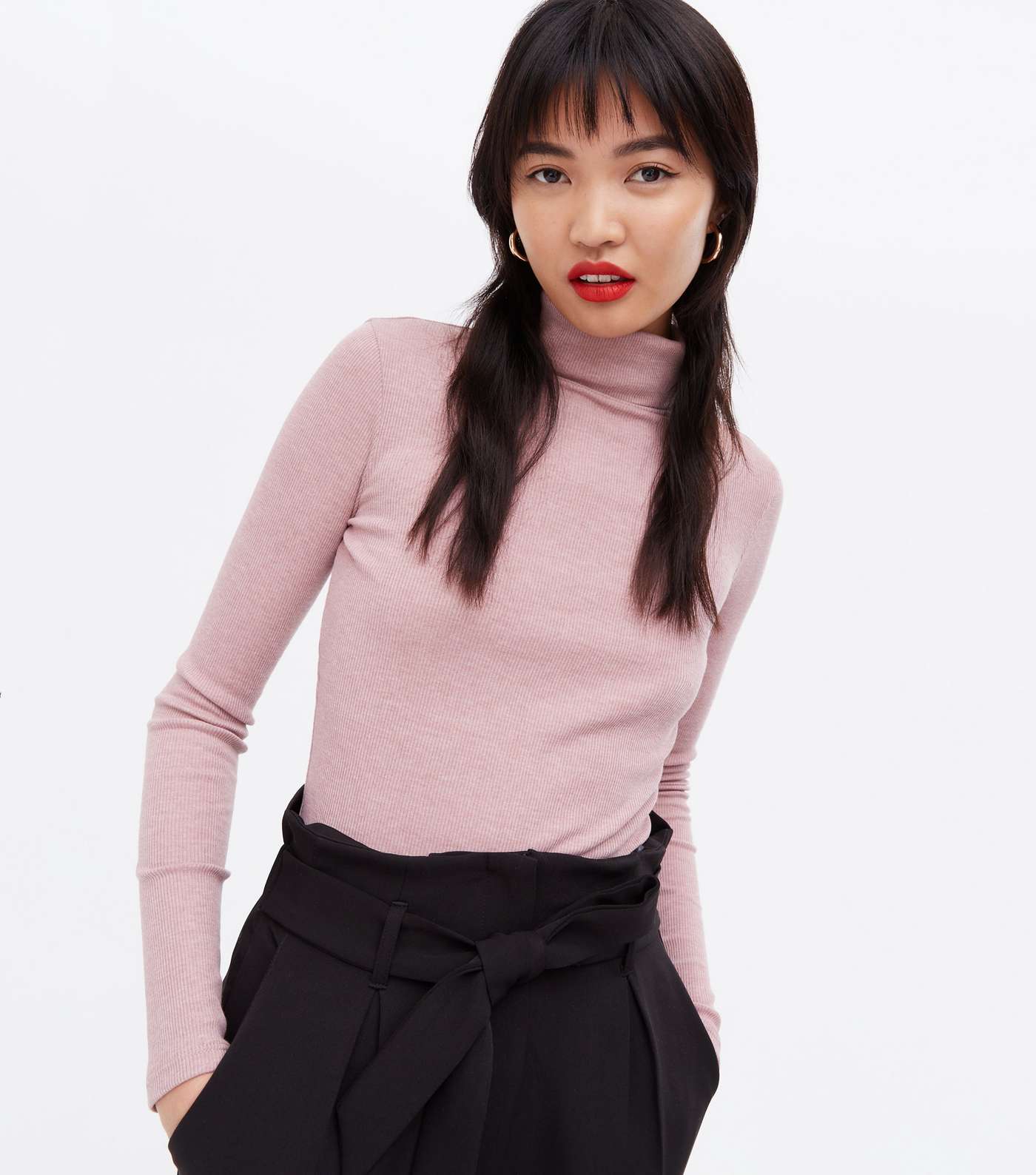 Pale Pink Ribbed Long Sleeve Roll Neck Top
