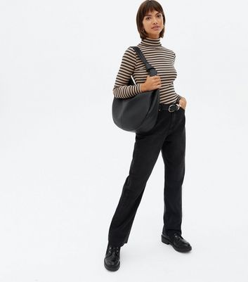 Click to view product details and reviews for Brown Stripe Ribbed Roll Neck Long Sleeve Top New Look.