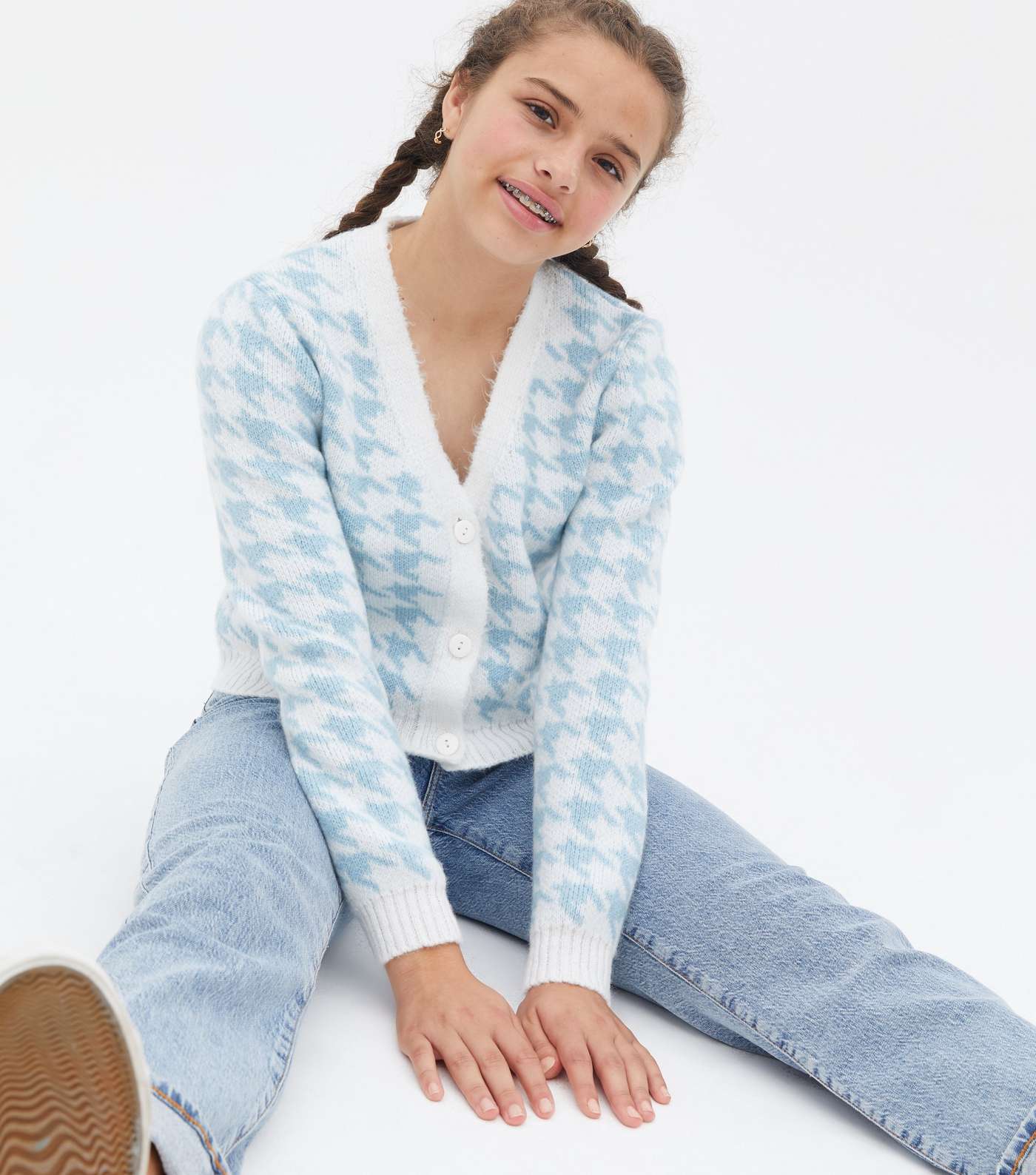 Girls Pale Blue Dogtooth Button Cardigan