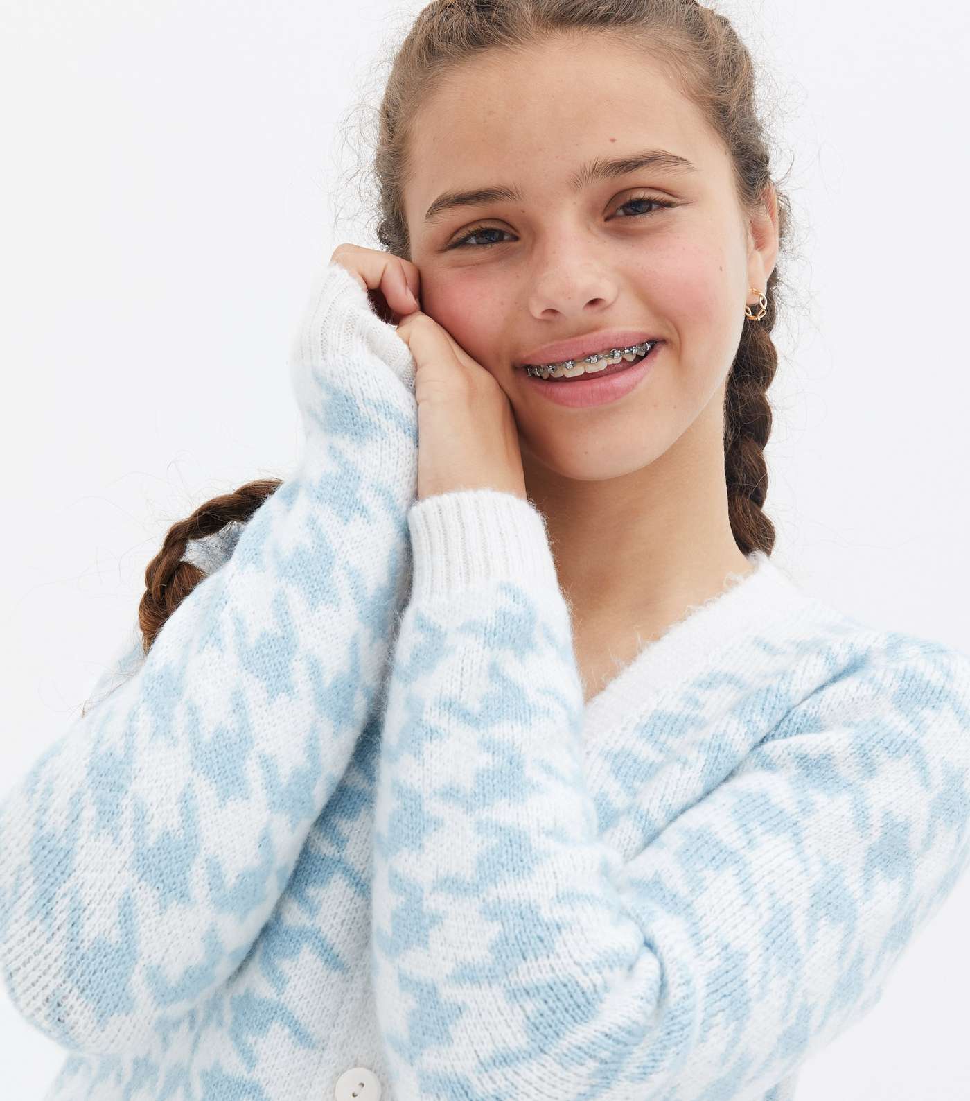 Girls Pale Blue Dogtooth Button Cardigan Image 3