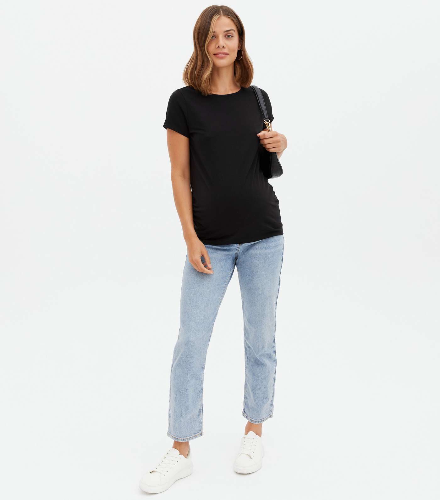 Maternity Black Ruched Crew T-Shirt Image 2