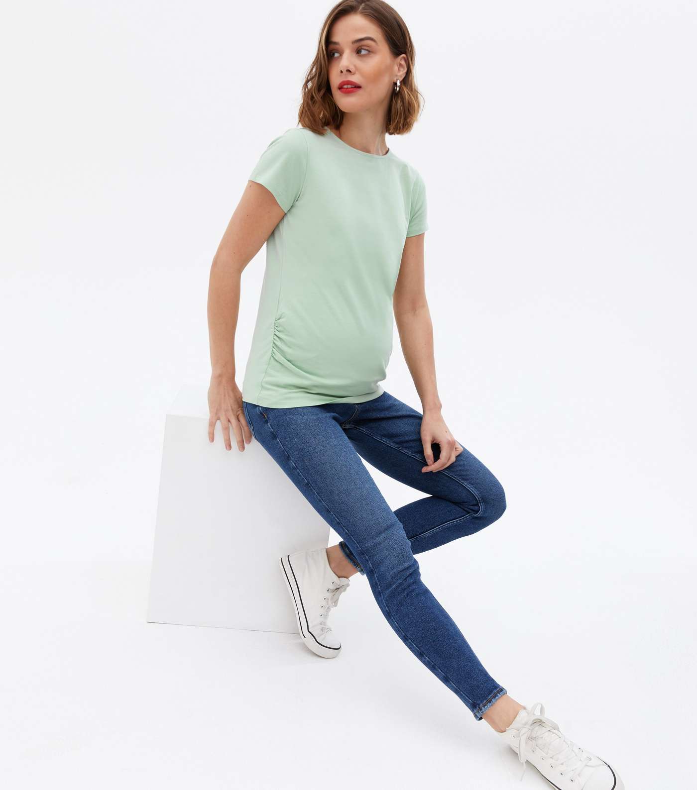 Maternity Green Ruched Crew T-Shirt Image 2