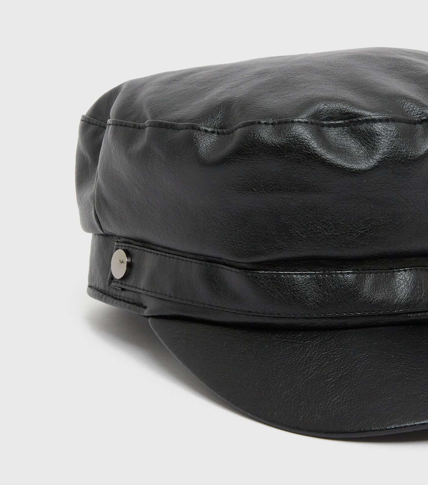 Black Leather-Look Baker Boy Hat Image 3