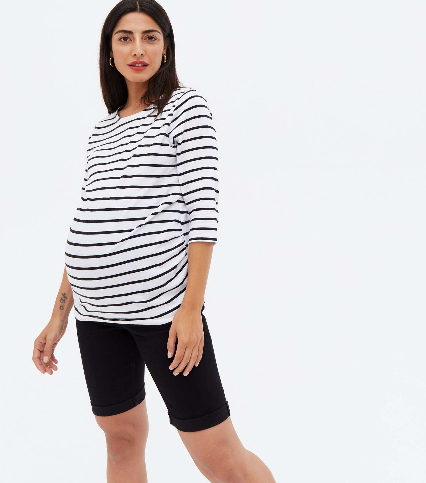 Maternity White Stripe Ruched Crew Neck Top