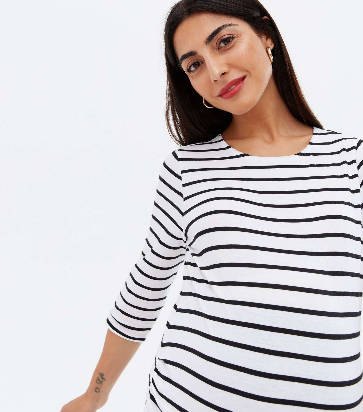 Maternity White Stripe Ruched Crew Neck Top Image 3