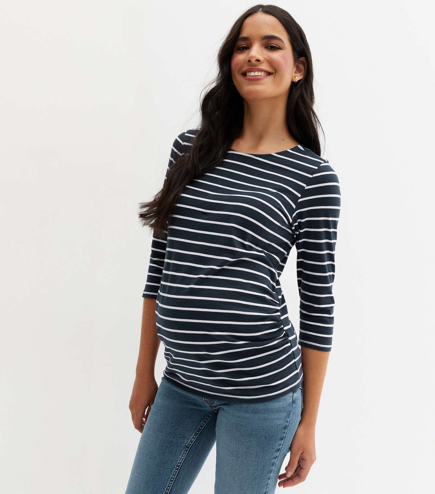 Maternity Blue Stripe Ruched Crew Neck Top