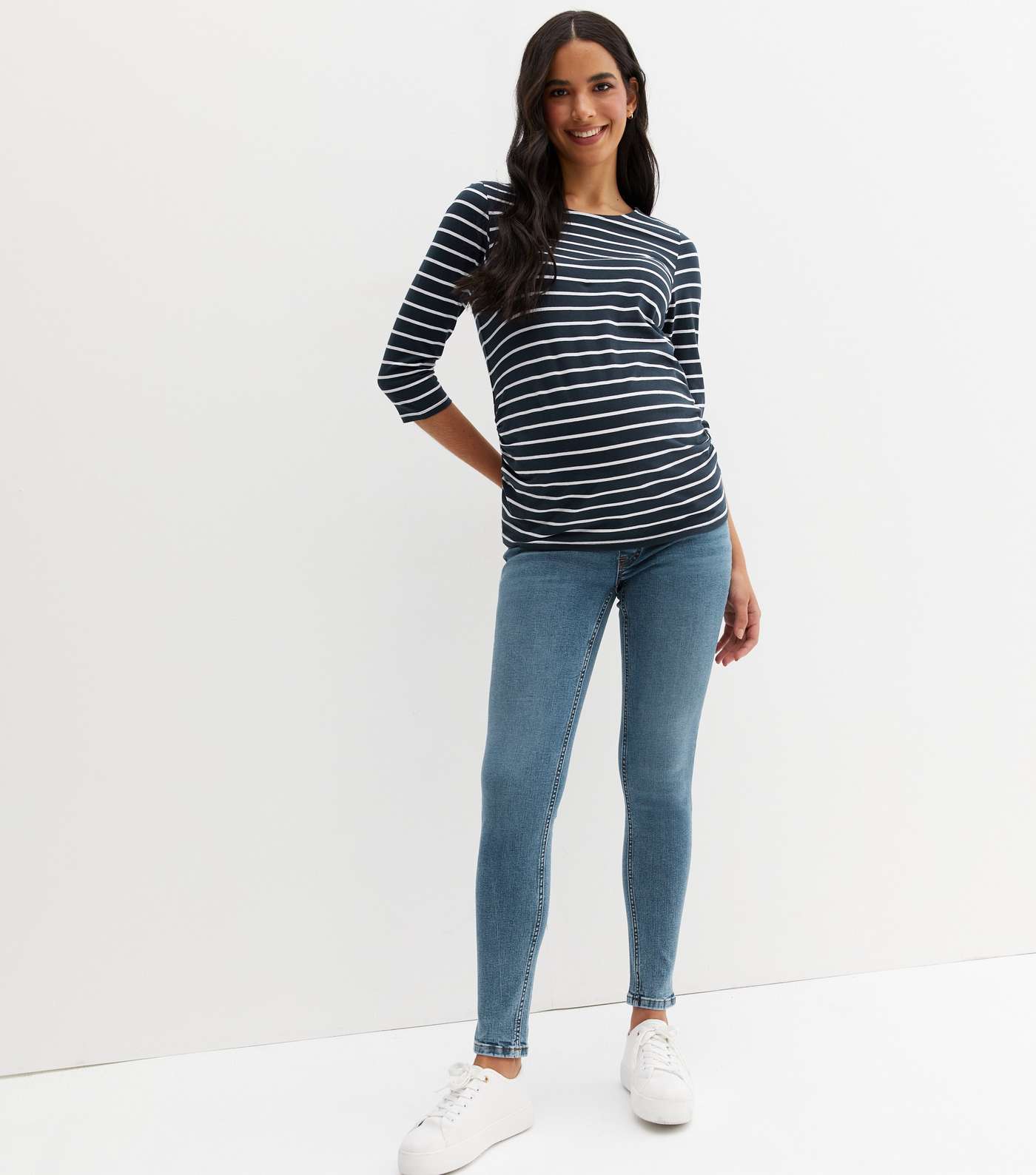 Maternity Blue Stripe Ruched Crew Neck Top Image 3