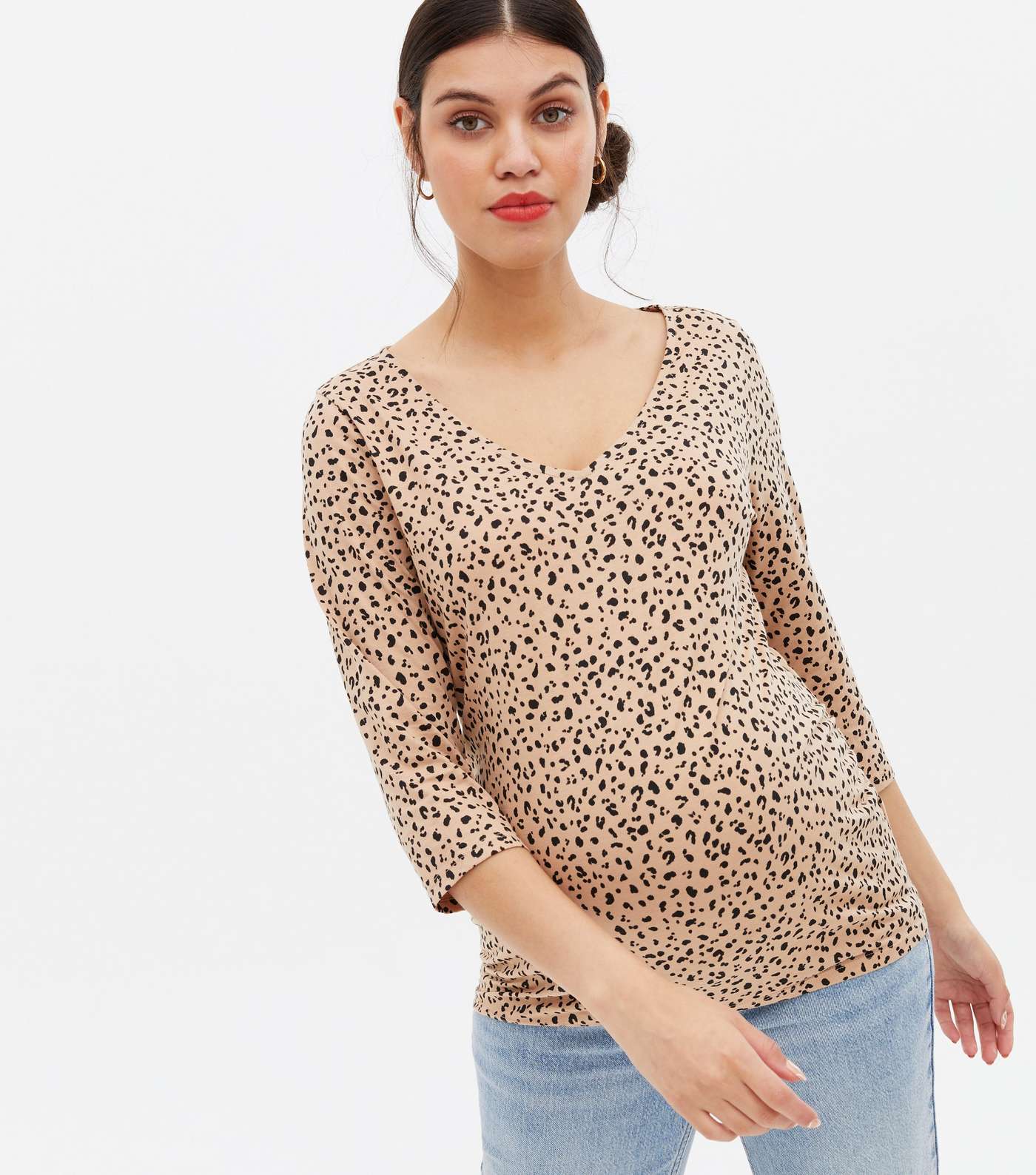 Maternity Brown Leopard Print 3/4 Sleeve Top Image 2