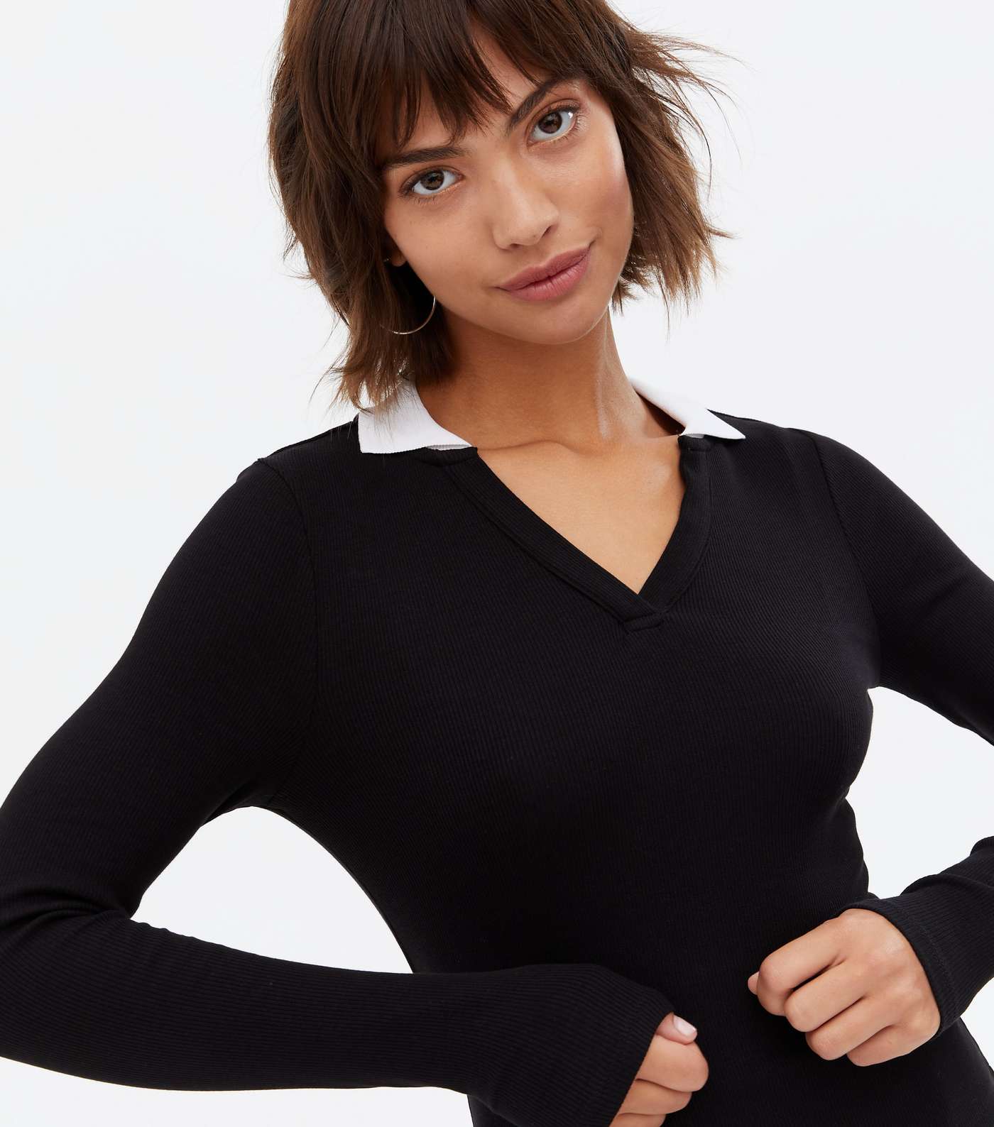 Black Ribbed Contrast Collar Long Sleeve Top