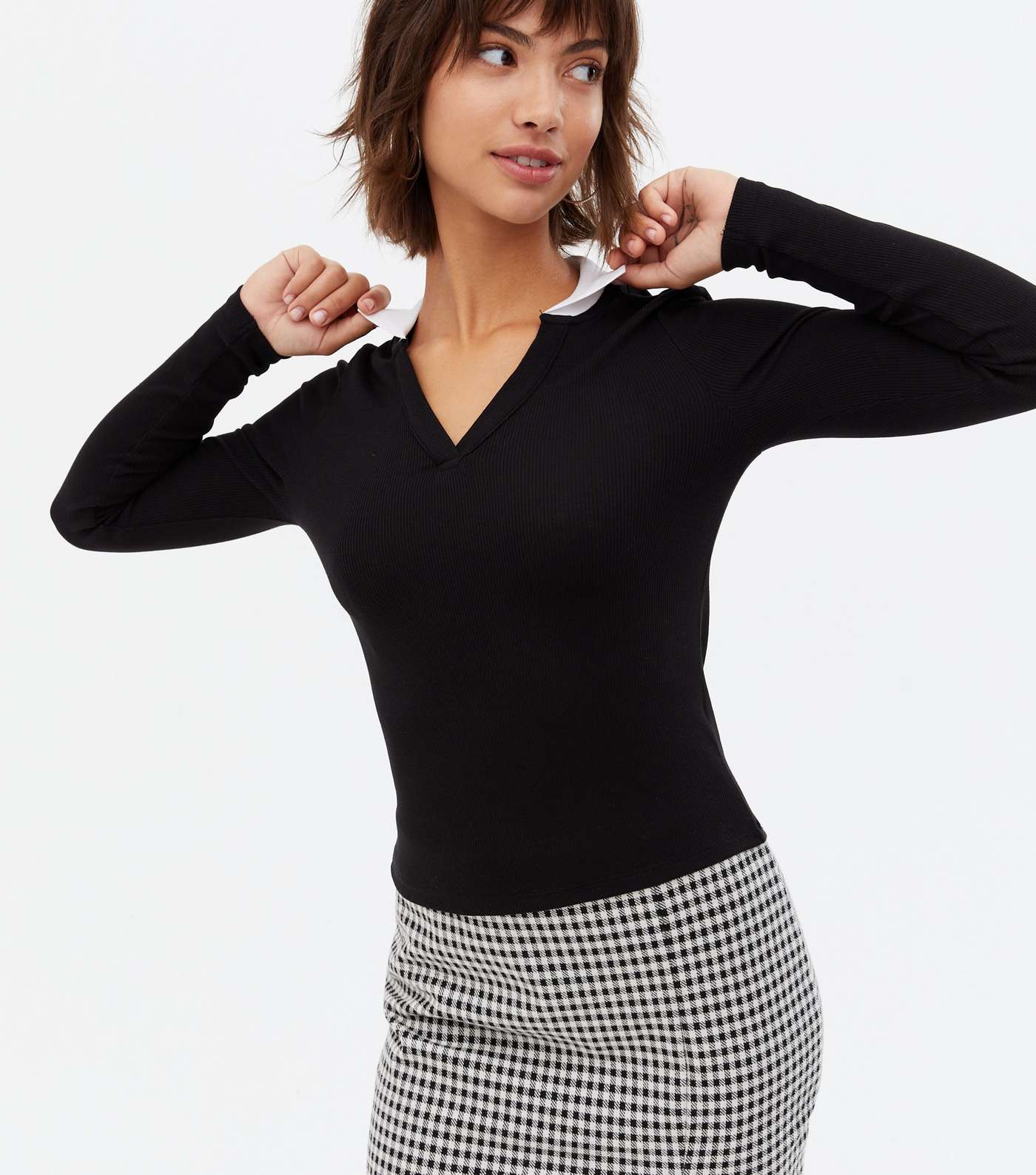 Black Ribbed Contrast Collar Long Sleeve Top Image 3