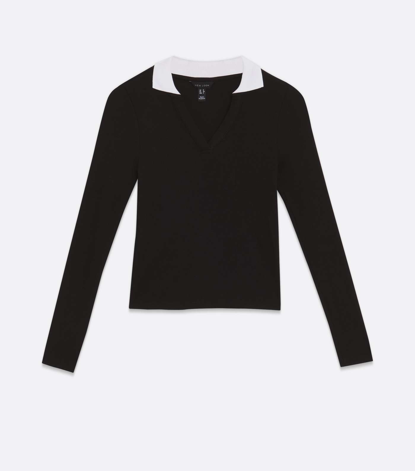 Black Ribbed Contrast Collar Long Sleeve Top Image 5
