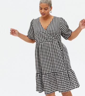 Curves Black Gingham Tiered Mini Wrap Dress New Look