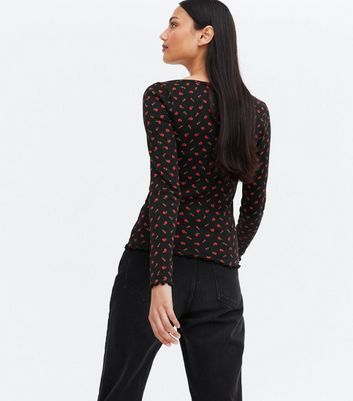 Black Ditsy Floral Sweetheart Long Sleeve Top New Look