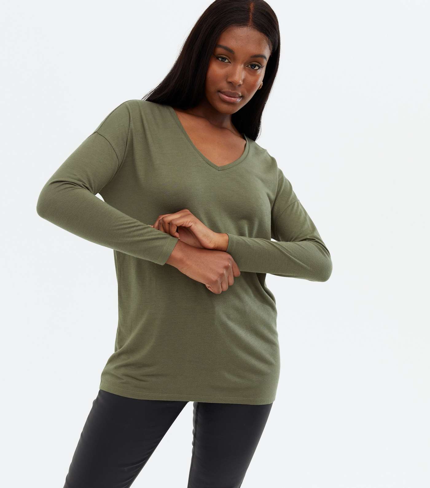 Khaki V Neck Relaxed Fit Long Top