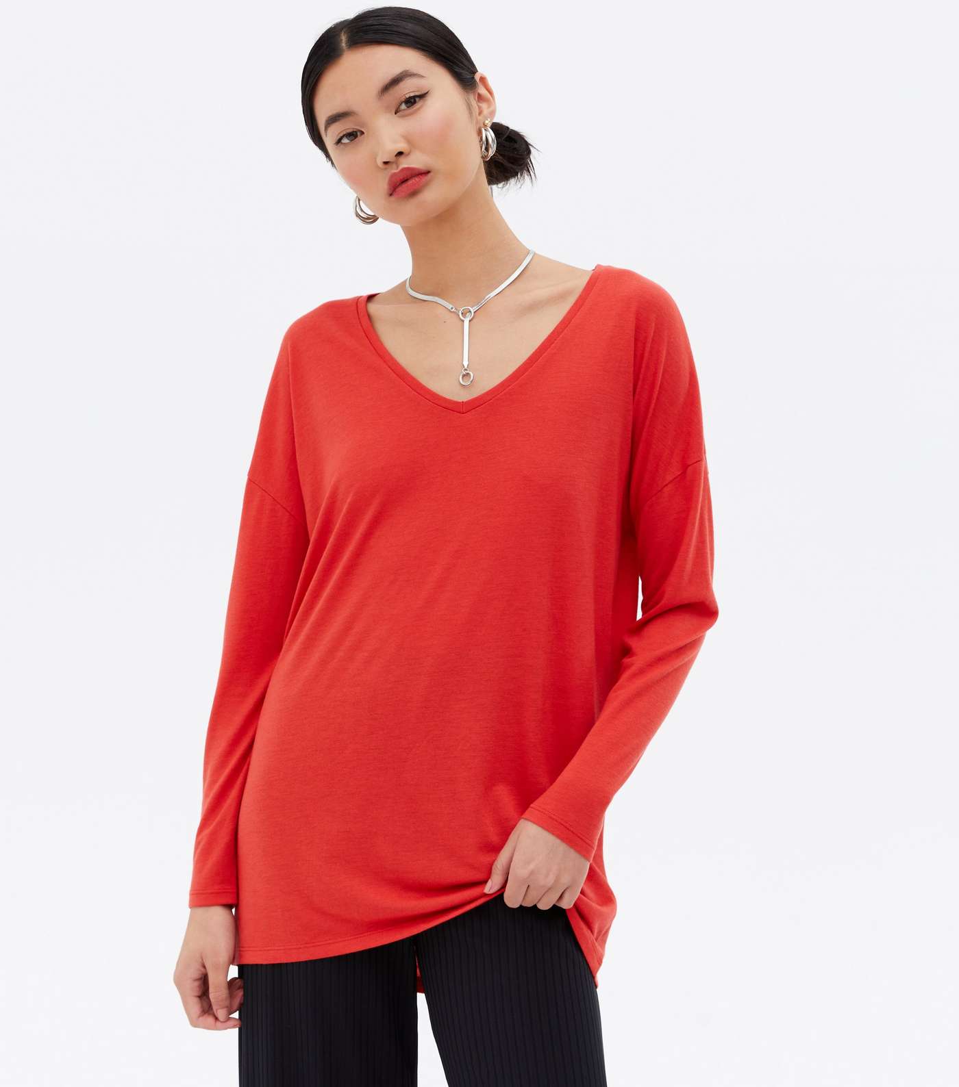 Red V Neck Relaxed Fit Long Top